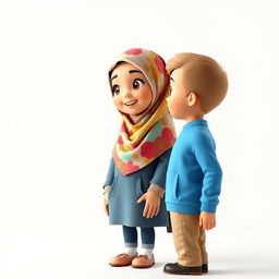 An artistic 3D view of a girl with a cute face, wearing a colorful hijab and standing, engaged in a conversation with a boy who is 10 years old