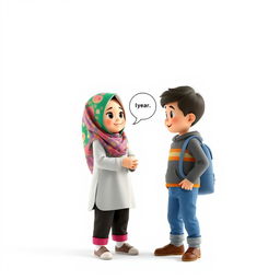 An artistic 3D view of a girl with a cute face, wearing a colorful hijab and standing, engaged in a conversation with a boy who is 10 years old