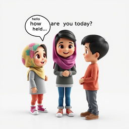 An artistic 3D view of a girl with a cute face, wearing a colorful hijab and standing, engaged in a conversation with a boy who is 10 years old