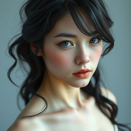 A captivating young woman with dark, almost black, wavy hair that is shiny and cascading down to her waist, creating a striking contrast with her pale skin