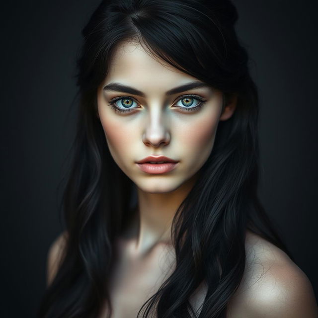 A captivating young woman with dark, almost black, wavy hair that is shiny and cascading down to her waist, creating a striking contrast with her pale skin