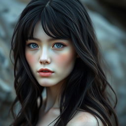 A captivating young woman with dark, almost black, wavy hair that is shiny and cascading down to her waist, creating a striking contrast with her pale skin