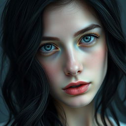 A captivating young woman with dark, almost black, wavy hair that is shiny and cascading down to her waist, creating a striking contrast with her pale skin
