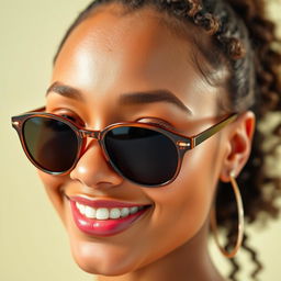 A portrait of a person with a radiant and fresh face, wearing stylish sunglasses positioned at eye level