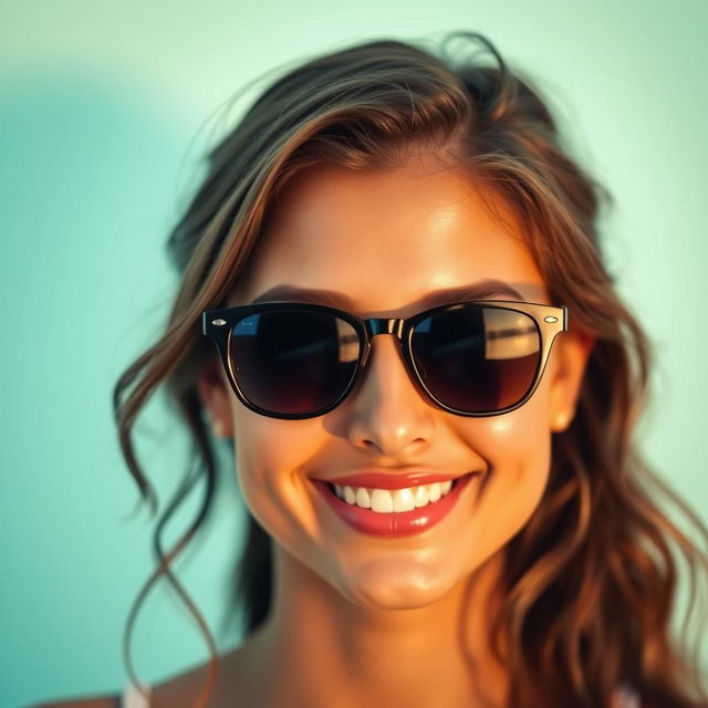 A portrait of a person with a radiant and fresh face, wearing stylish sunglasses positioned at eye level