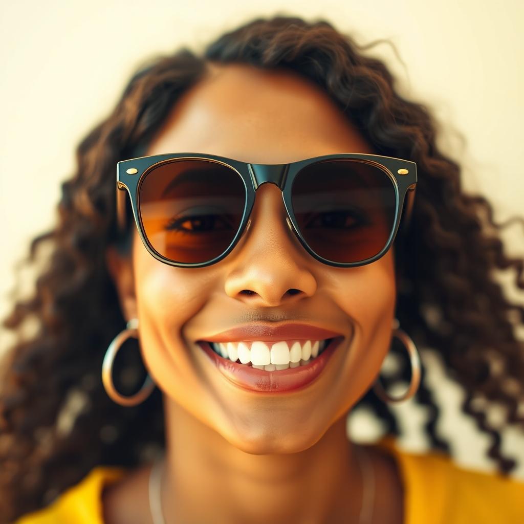 A portrait of a person with a radiant and fresh face, wearing stylish sunglasses positioned at eye level