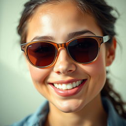 A portrait of a person with a radiant and fresh face, wearing stylish sunglasses positioned at eye level