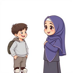A cute 8-year-old girl wearing a stylish hijab, standing on the right side of a white background