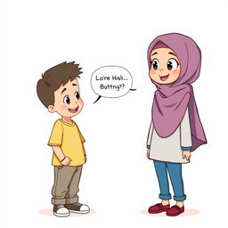 A cute 8-year-old girl wearing a stylish hijab, standing on the right side of a white background