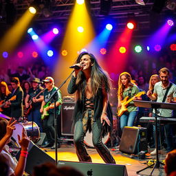 A vibrant scene of a live music concert featuring a diverse group of musicians on stage