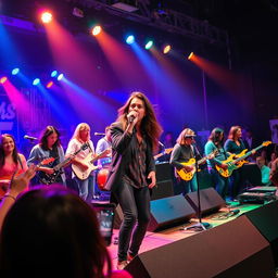 A vibrant scene of a live music concert featuring a diverse group of musicians on stage