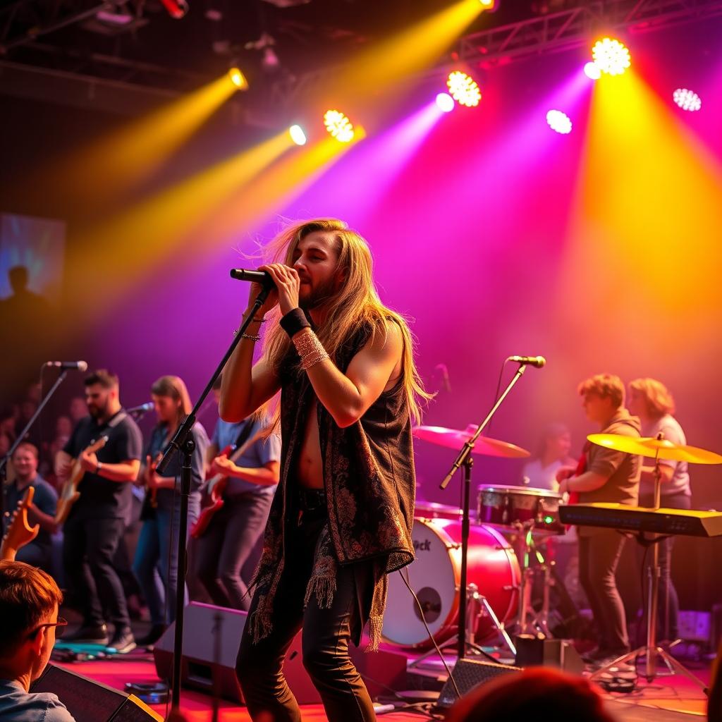 A vibrant scene of a live music concert featuring a diverse group of musicians on stage