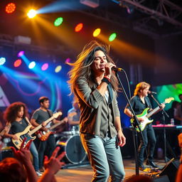 A vibrant scene of a live music concert featuring a diverse group of musicians on stage