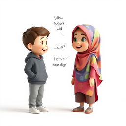 A charming 3D artistic scene featuring a young girl, around 8 years old, with a cute face wearing a colorful hijab