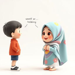 A charming 3D artistic scene featuring a young girl, around 8 years old, with a cute face wearing a colorful hijab