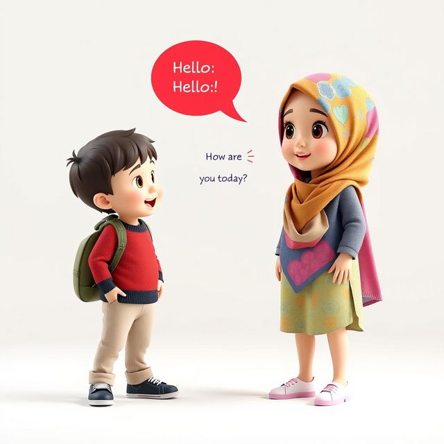 A charming 3D artistic scene featuring a young girl, around 8 years old, with a cute face wearing a colorful hijab