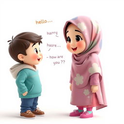 A charming 3D artistic scene featuring a young girl, around 8 years old, with a cute face wearing a colorful hijab