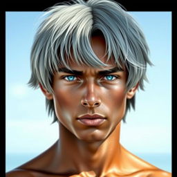 A young man with gray, almost ash-colored hair that is slightly straight and shoulder-length, giving him a mysterious and somewhat stern appearance