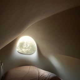 An eccentrically shaped bedroom featuring short walls and one small window, filled with gentle, soft light.