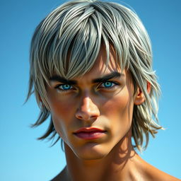 A young man with gray, almost ash-colored hair that is slightly straight and shoulder-length, giving him a mysterious and somewhat stern appearance