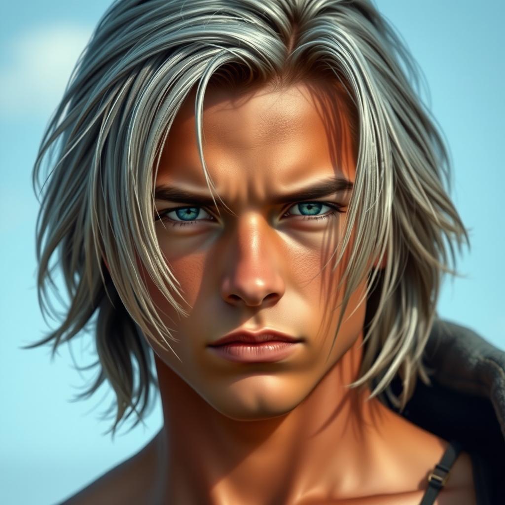 A young man with gray, almost ash-colored hair that is slightly straight and shoulder-length, giving him a mysterious and somewhat stern appearance