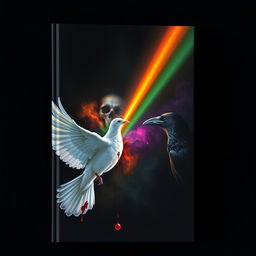 A book cover featuring a dark black shadowy background with a colorful beam of light emanating from a bleeding dove