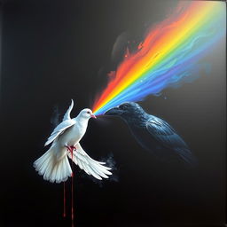 A book cover featuring a dark black shadowy background with a colorful beam of light emanating from a bleeding dove