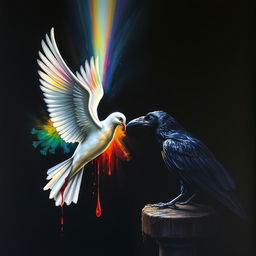 A book cover featuring a dark black shadowy background with a colorful beam of light emanating from a bleeding dove