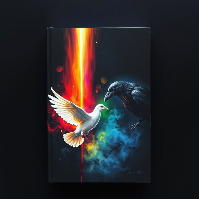 A book cover featuring a dark black shadowy background with a colorful beam of light emanating from a bleeding dove