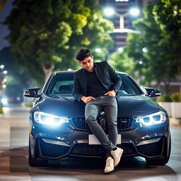 A young person casually leaning against a sleek black BMW parked in a well-lit urban environment at night