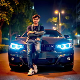 A young person casually leaning against a sleek black BMW parked in a well-lit urban environment at night