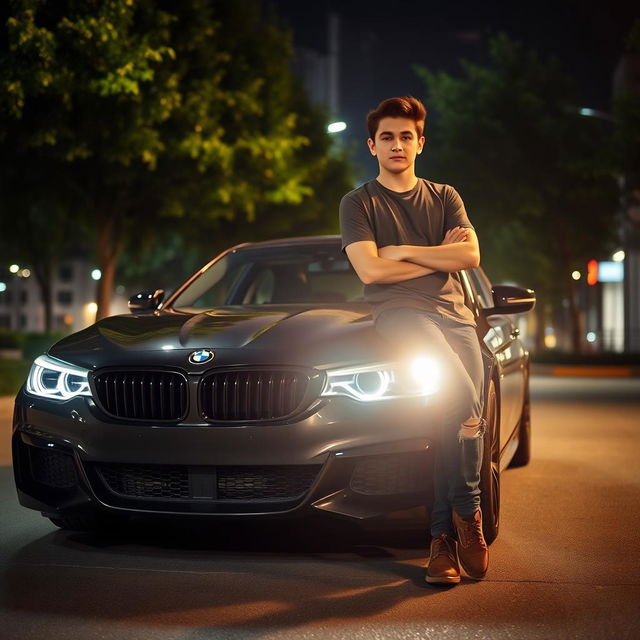 A young person casually leaning against a sleek black BMW parked in a well-lit urban environment at night