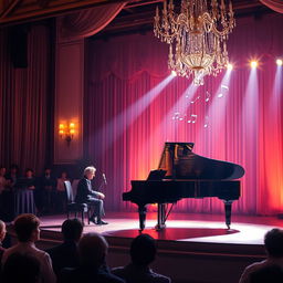 A serene and beautiful music scene featuring a grand piano on a stage illuminated by soft, warm lights