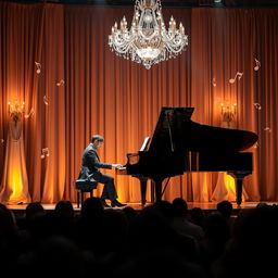 A serene and beautiful music scene featuring a grand piano on a stage illuminated by soft, warm lights