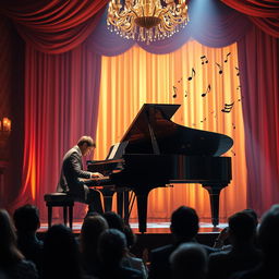 A serene and beautiful music scene featuring a grand piano on a stage illuminated by soft, warm lights