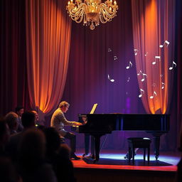 A serene and beautiful music scene featuring a grand piano on a stage illuminated by soft, warm lights