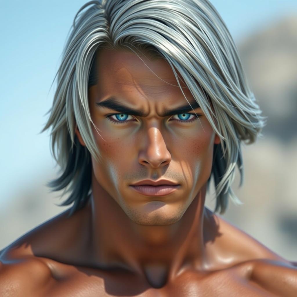 A strong young man with gray, almost ash-colored hair that is slightly straight and shoulder-length, giving him a mysterious and somewhat stern appearance