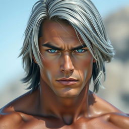 A strong young man with gray, almost ash-colored hair that is slightly straight and shoulder-length, giving him a mysterious and somewhat stern appearance