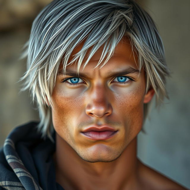 A strong young man with gray, almost ash-colored hair that is slightly straight and shoulder-length, giving him a mysterious and somewhat stern appearance