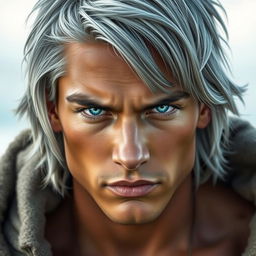 A strong young man with gray, almost ash-colored hair that is slightly straight and shoulder-length, giving him a mysterious and somewhat stern appearance