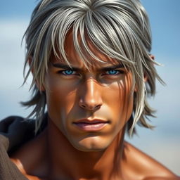 A strong young man with gray, almost ash-colored hair that is slightly straight and shoulder-length, giving him a mysterious and somewhat stern appearance