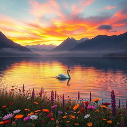 An ethereal landscape featuring a tranquil lake surrounded by majestic mountains under a vibrant sunset sky