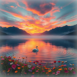 An ethereal landscape featuring a tranquil lake surrounded by majestic mountains under a vibrant sunset sky