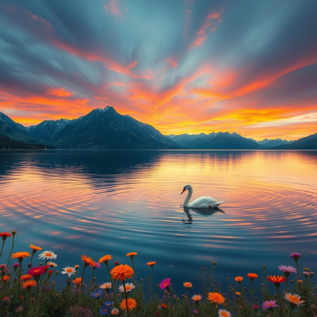 An ethereal landscape featuring a tranquil lake surrounded by majestic mountains under a vibrant sunset sky
