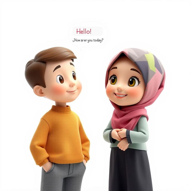 A 3D artistic illustration of a young girl with a cute face, wearing a colorful hijab (scarf) on her head, standing on the right side of the image