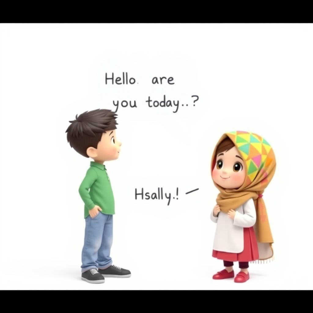 A 3D artistic illustration of a young girl with a cute face, wearing a colorful hijab (scarf) on her head, standing on the right side of the image