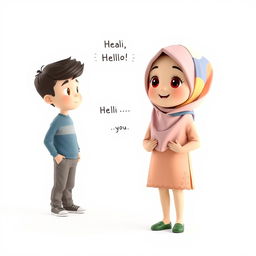 A 3D artistic illustration of a young girl with a cute face, wearing a colorful hijab (scarf) on her head, standing on the right side of the image