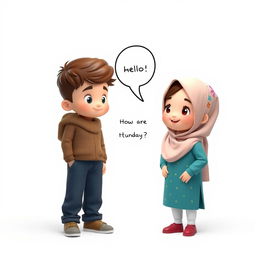 A 3D artistic illustration of a young girl with a cute face, wearing a colorful hijab (scarf) on her head, standing on the right side of the image