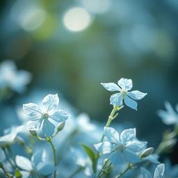 A dreamy, ethereal scene featuring delicate jasmine flowers in icy blue hues, gently illuminated by soft, ambient light