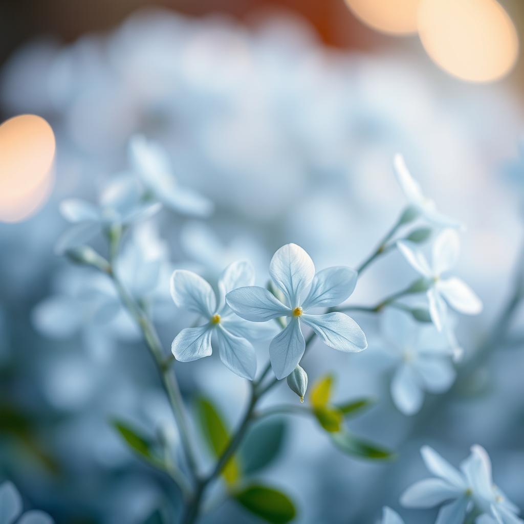 A dreamy, ethereal scene featuring delicate jasmine flowers in icy blue hues, gently illuminated by soft, ambient light